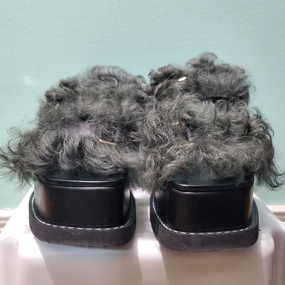 VERSACE Leather Fur Shearling Green Black Platform Clog Sandals Heels sz 41 - Picture 6 of 9